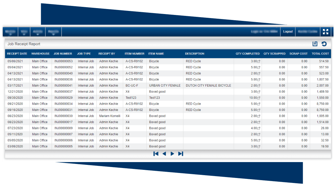 Kechie Manufacturing Job Receipt report
